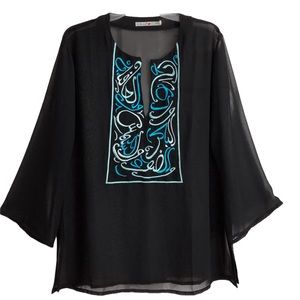 Al Burgan Jordanian Black Sheer Embroidered Swimsuit Coverup M EPC